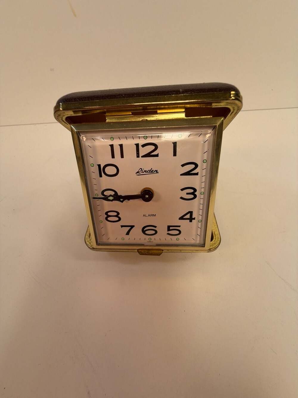 Vintage Linden Folding Travel Alarm Clock with Brown Case works